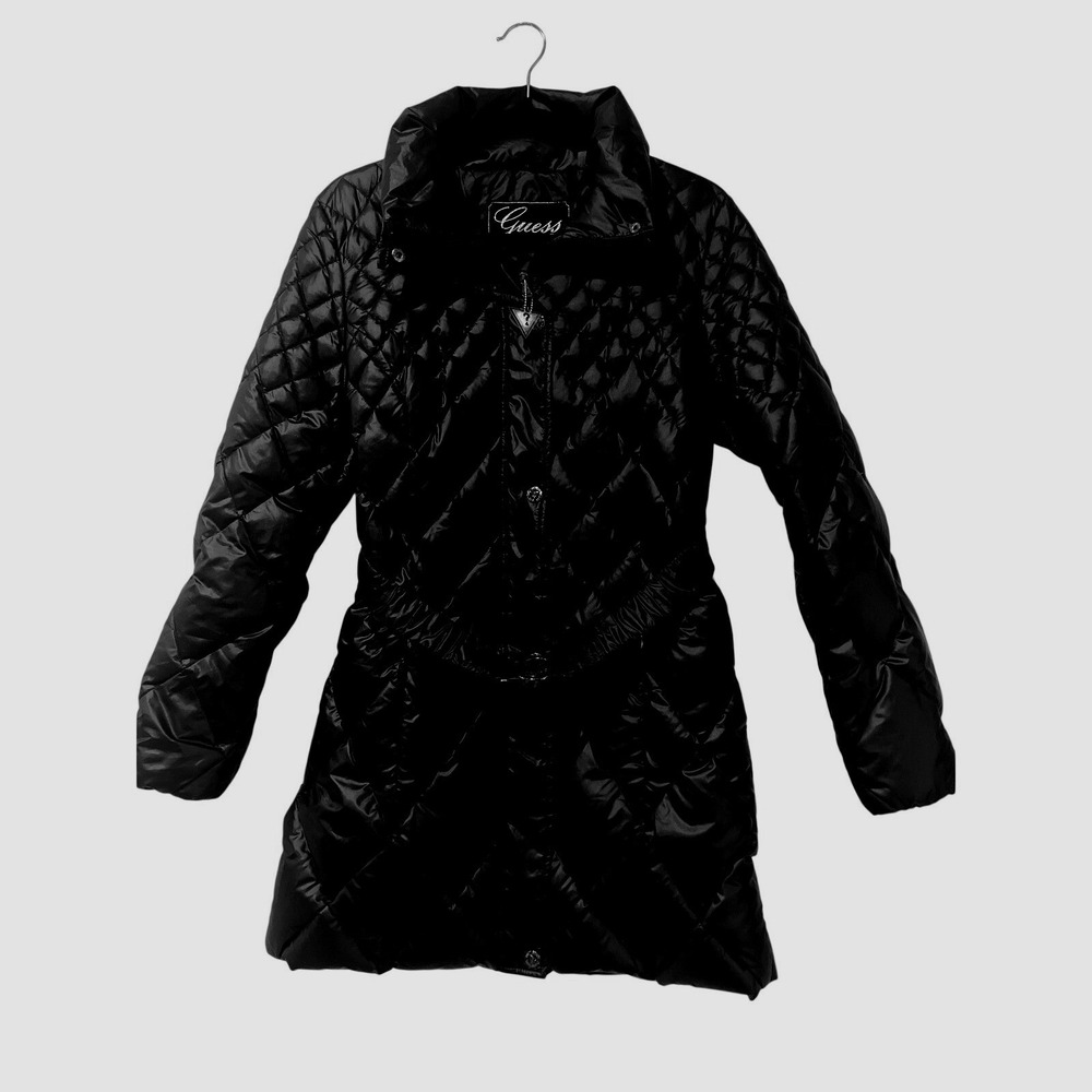 Guess Down Quilted Black Puffer Coat Belted Women's Size Medium Retro